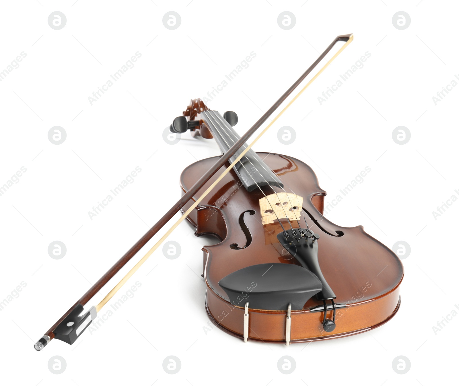Photo of Beautiful classic violin and bow on white background. Musical instrument