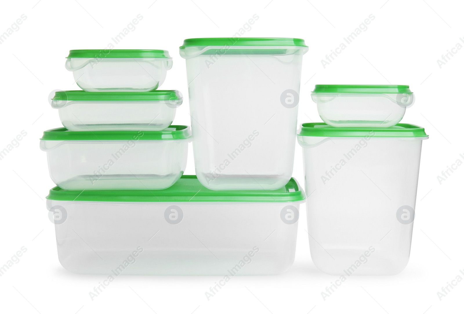 Photo of Empty plastic containers on white background. Food storage