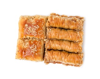 Eastern sweets. Pieces of tasty baklava isolated on white, top view