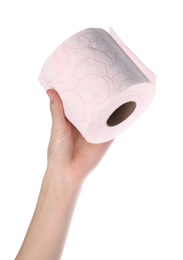 Woman holding roll of toilet paper on white background. Personal hygiene