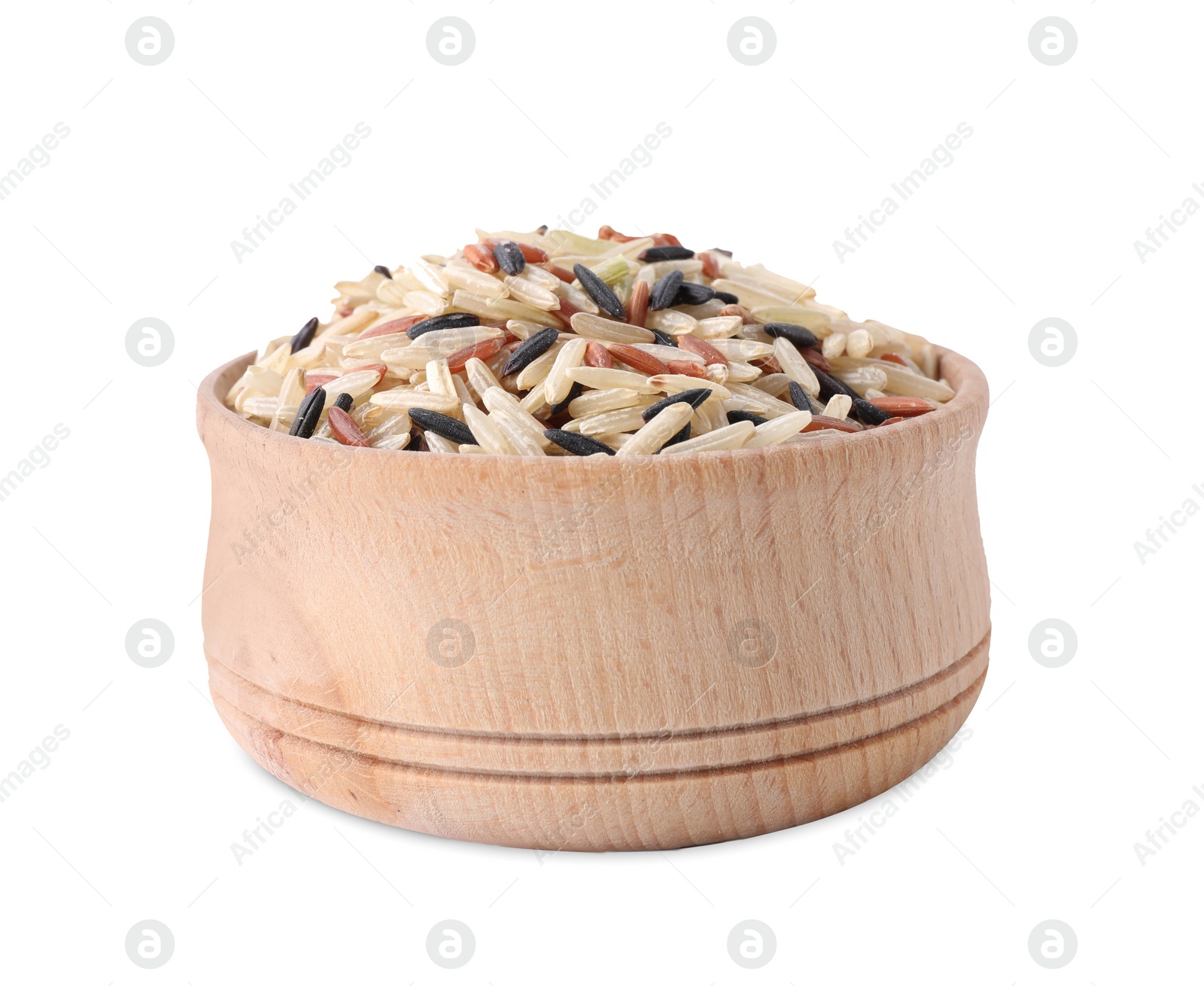 Photo of Mix of brown rice in bowl isolated on white