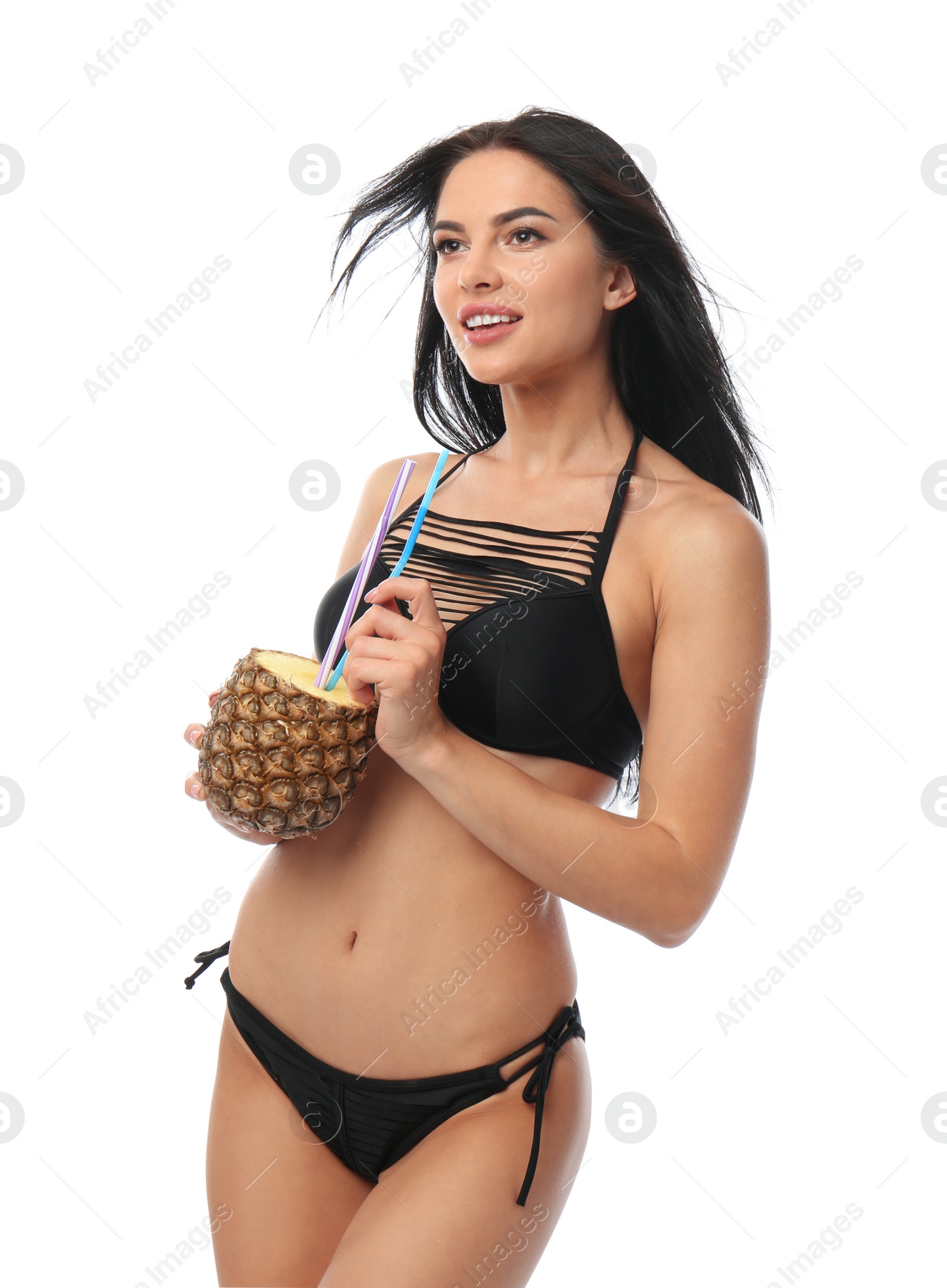 Photo of Beautiful young woman in black bikini with cocktail on white background