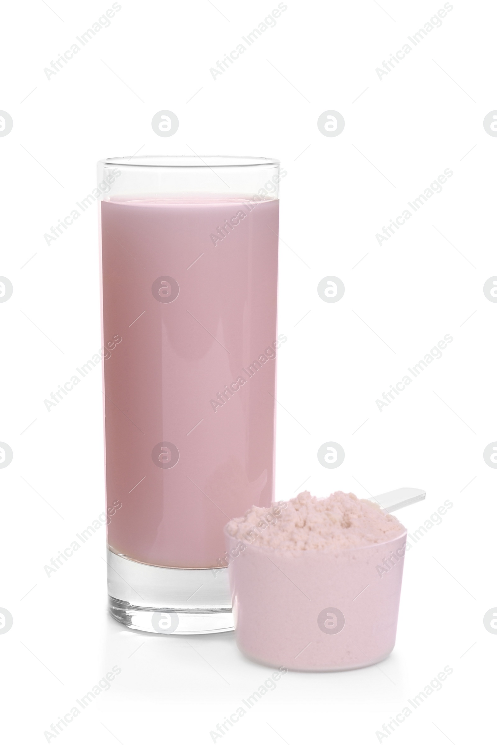 Photo of Protein shake and powder isolated on white