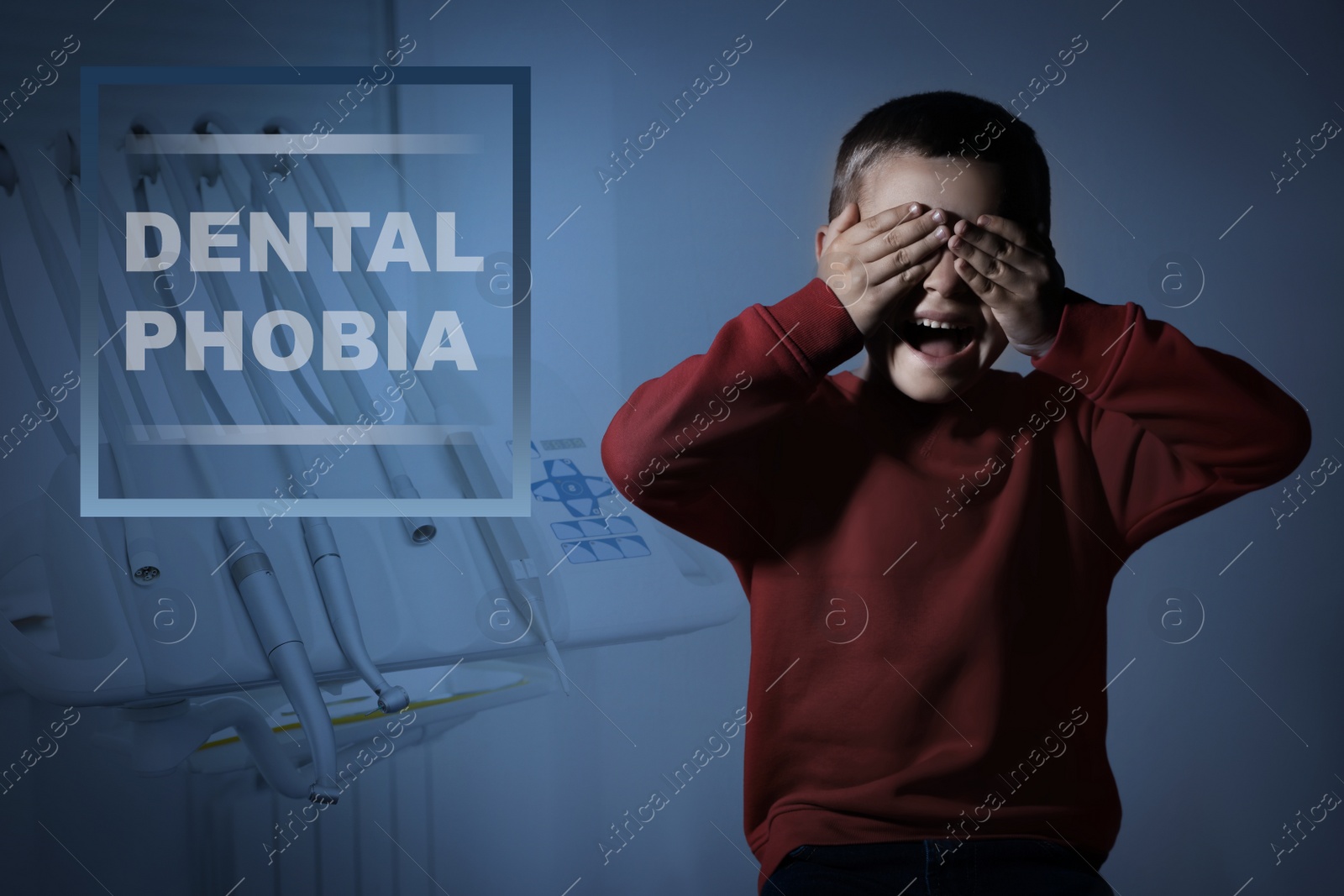 Image of Odontophobia concept. Scared little boy and dentist's instruments