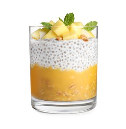 Delicious chia pudding with mango, mint and granola on white background