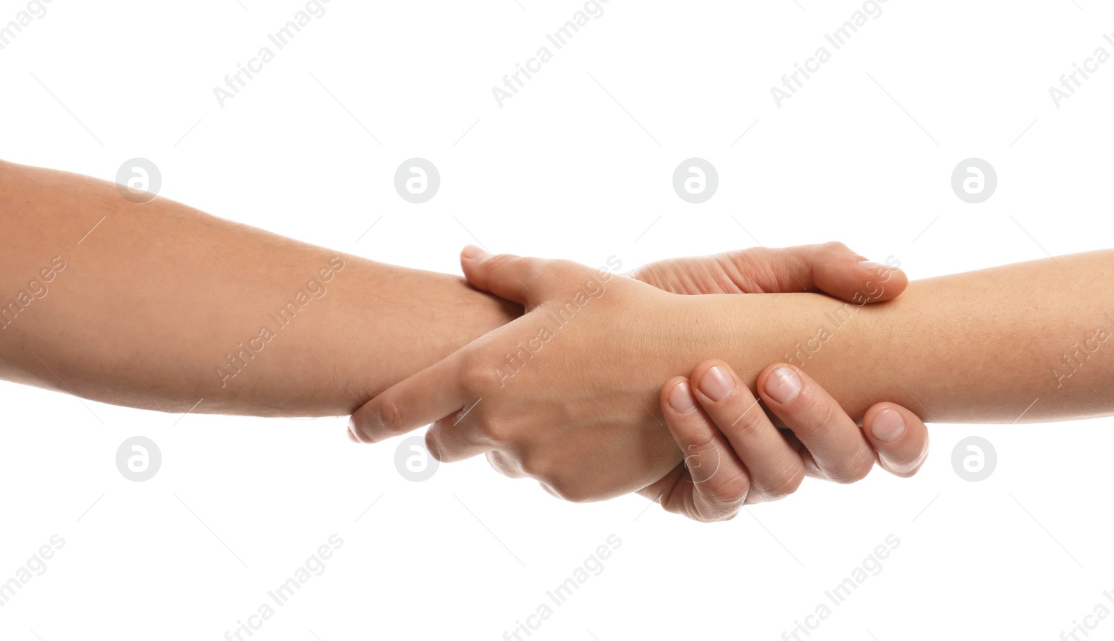 Photo of Man and woman holding hands on white background, closeup. Help and support concept