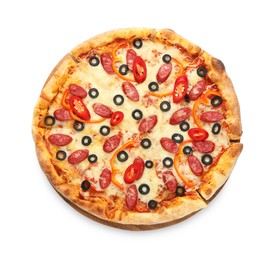 Photo of Tasty pizza with cheese, dry smoked sausages, olives and chili pepper isolated on white, top view