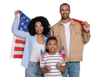 Image of 4th of July - Independence day of America. Happy family with national flags of United States on white background