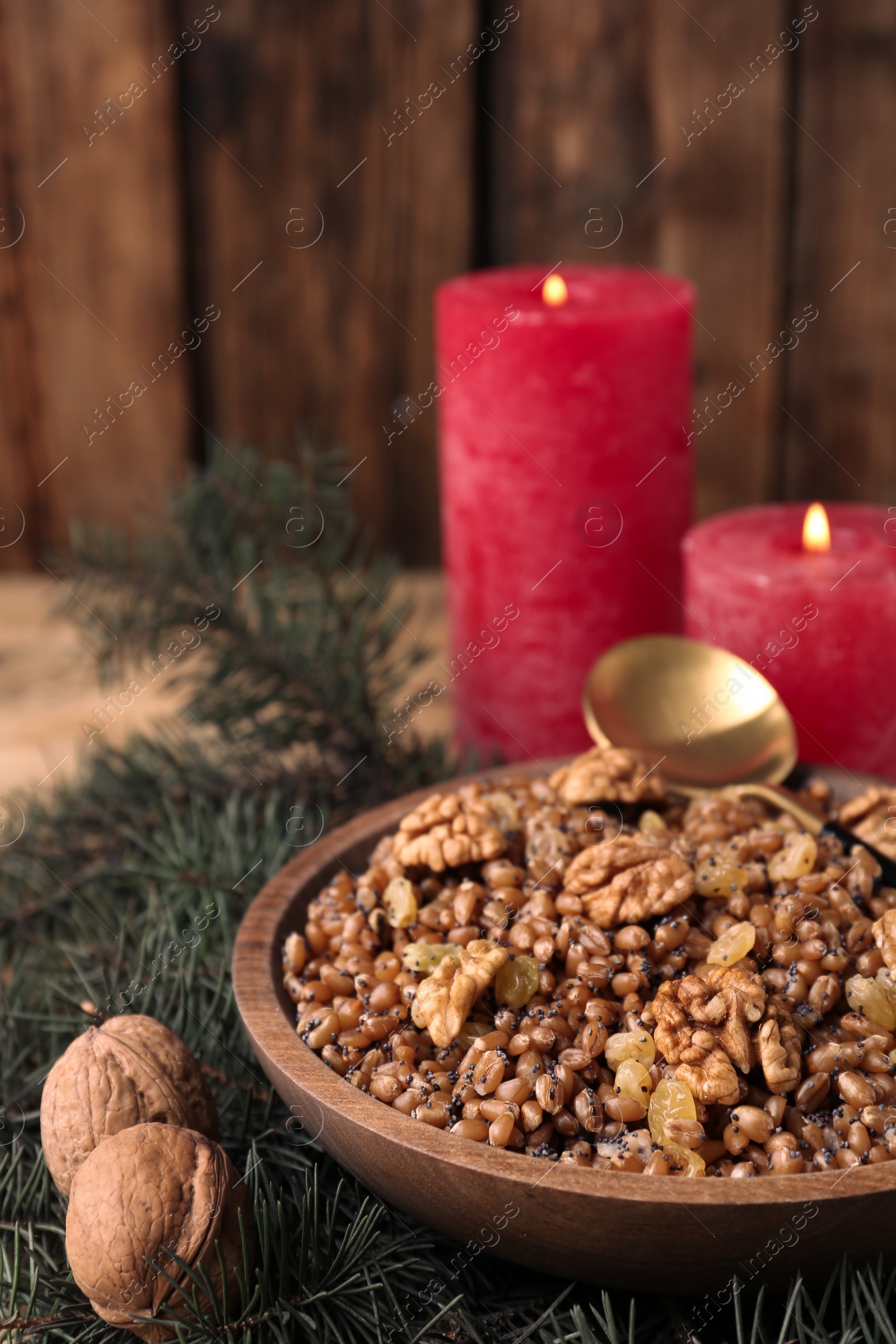 Photo of Traditional Christmas slavic dish kutia in bowl, closeup. Space for text