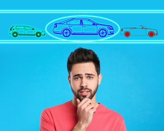 Car buying. Man choosing auto on light blue background