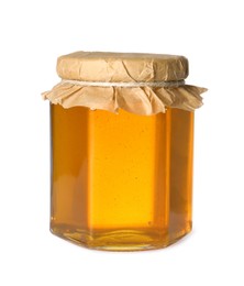 Photo of Tasty natural honey in glass jar isolated on white