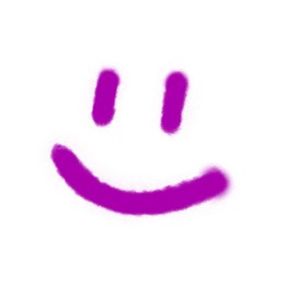 Smile drawn by violet spray paint on white background