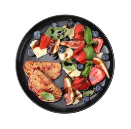 Photo of Plate of delicious salad with brie cheese, berries and balsamic vinegar isolated on white, top view