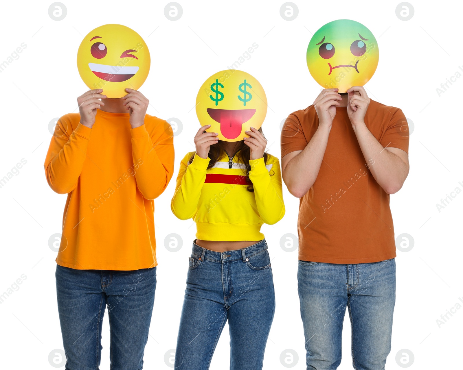 Photo of People covering faces with emoticons on white background