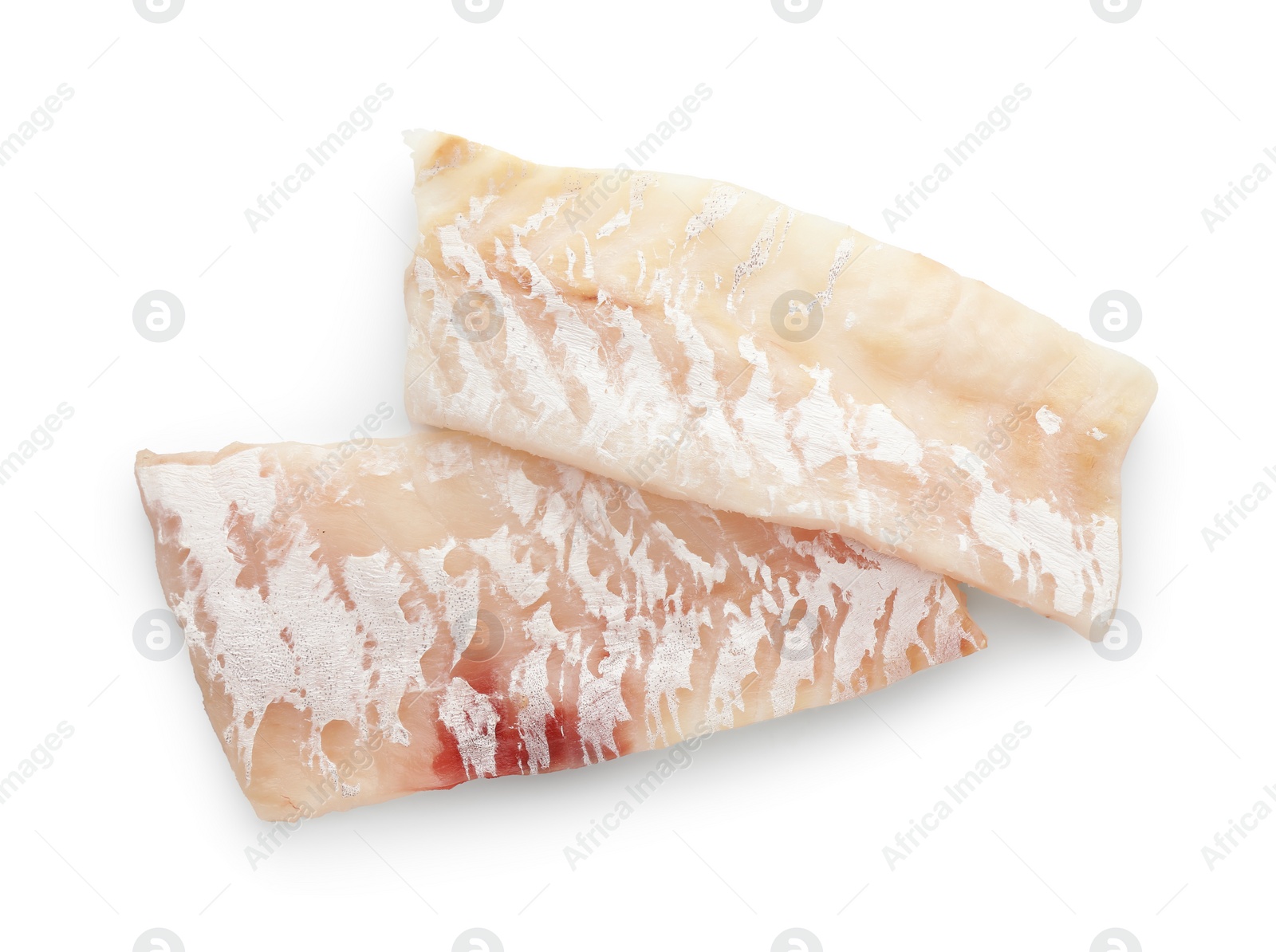 Photo of Fresh raw cod fillets isolated on white, top view