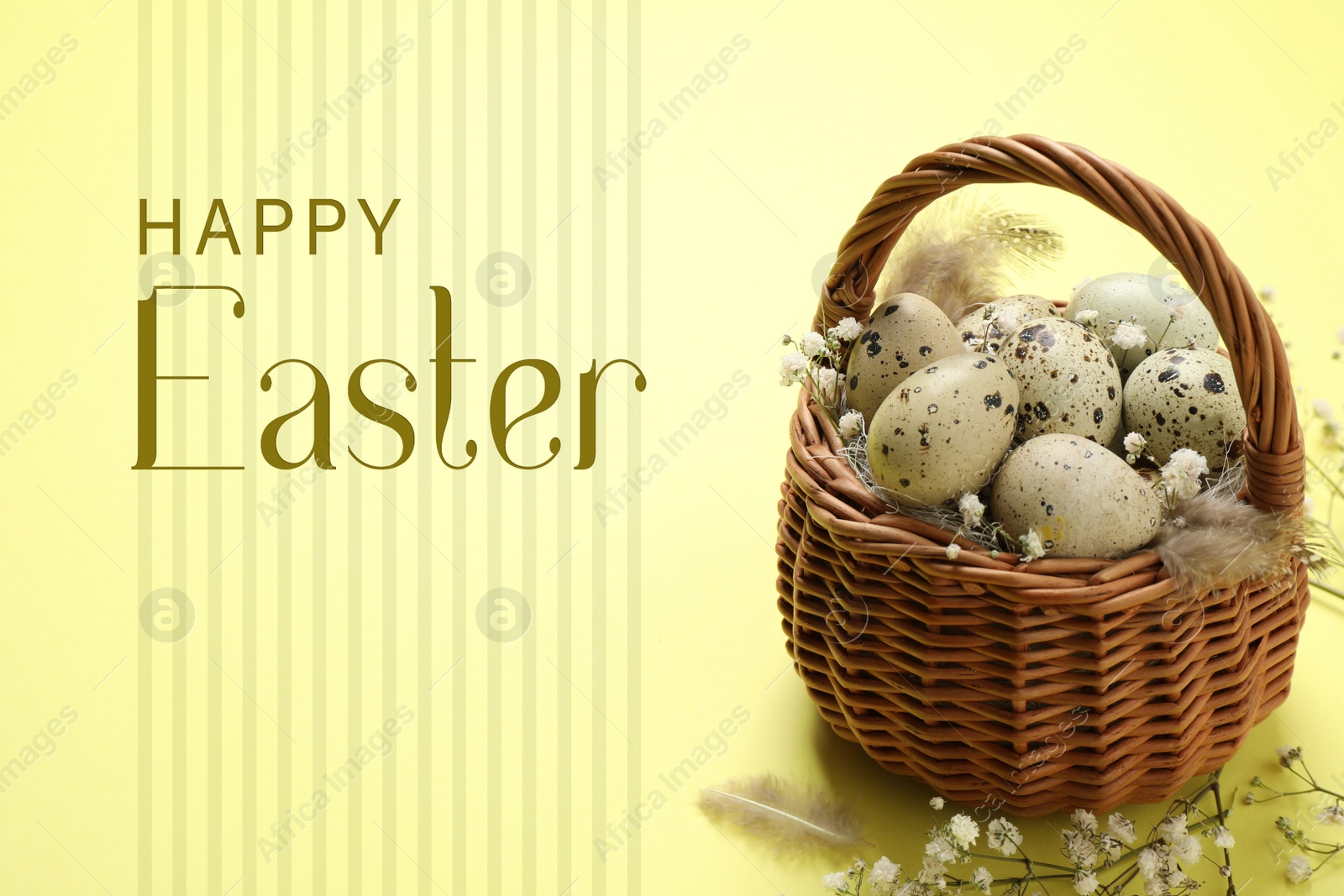 Image of Quail eggs with flowers in wicker basket and text Happy Easter on light background