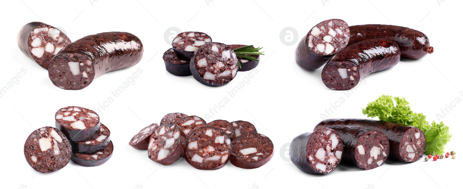 Image of Set with tasty blood sausages on white background. Banner design
