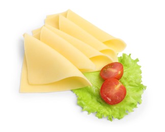 Photo of Slices of tasty fresh cheese, tomatoes and lettuce isolated on white, top view
