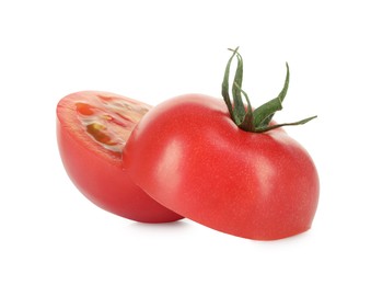 Photo of Halves of ripe cherry tomato isolated on white
