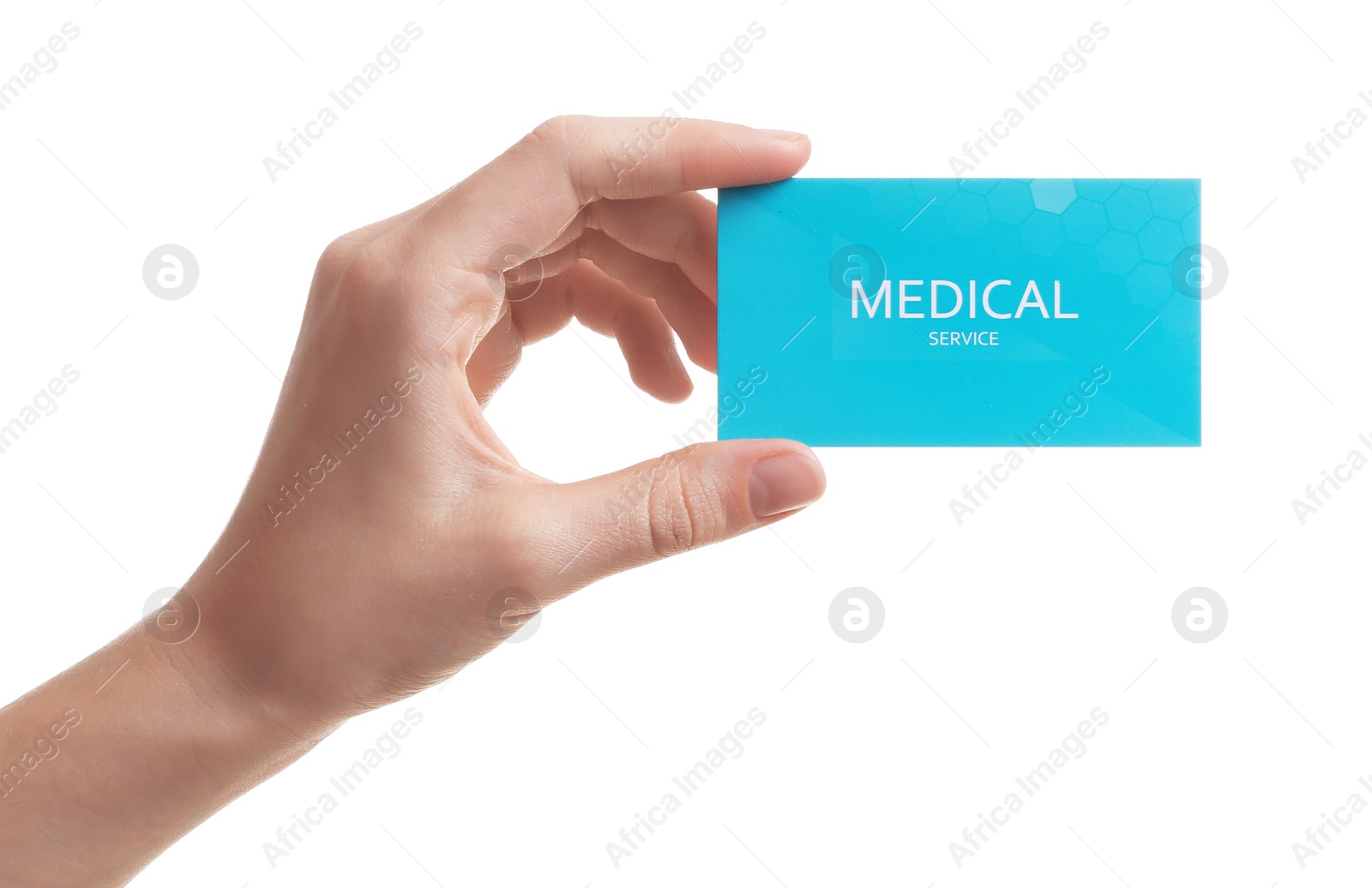 Photo of Woman holding business card isolated on white, closeup. Medical service