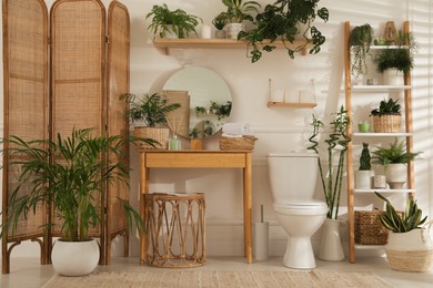 Stylish bathroom interior with toilet bowl and many beautiful houseplants