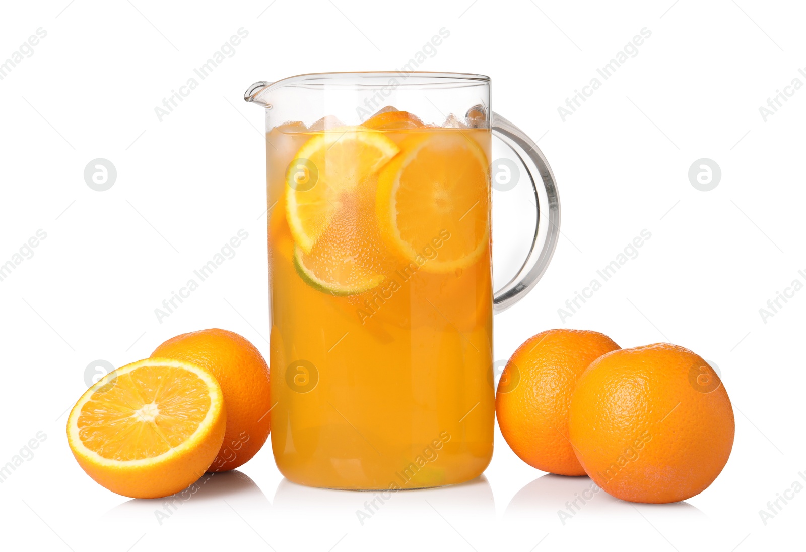 Photo of Freshly made lemonade in jug and oranges isolated on white