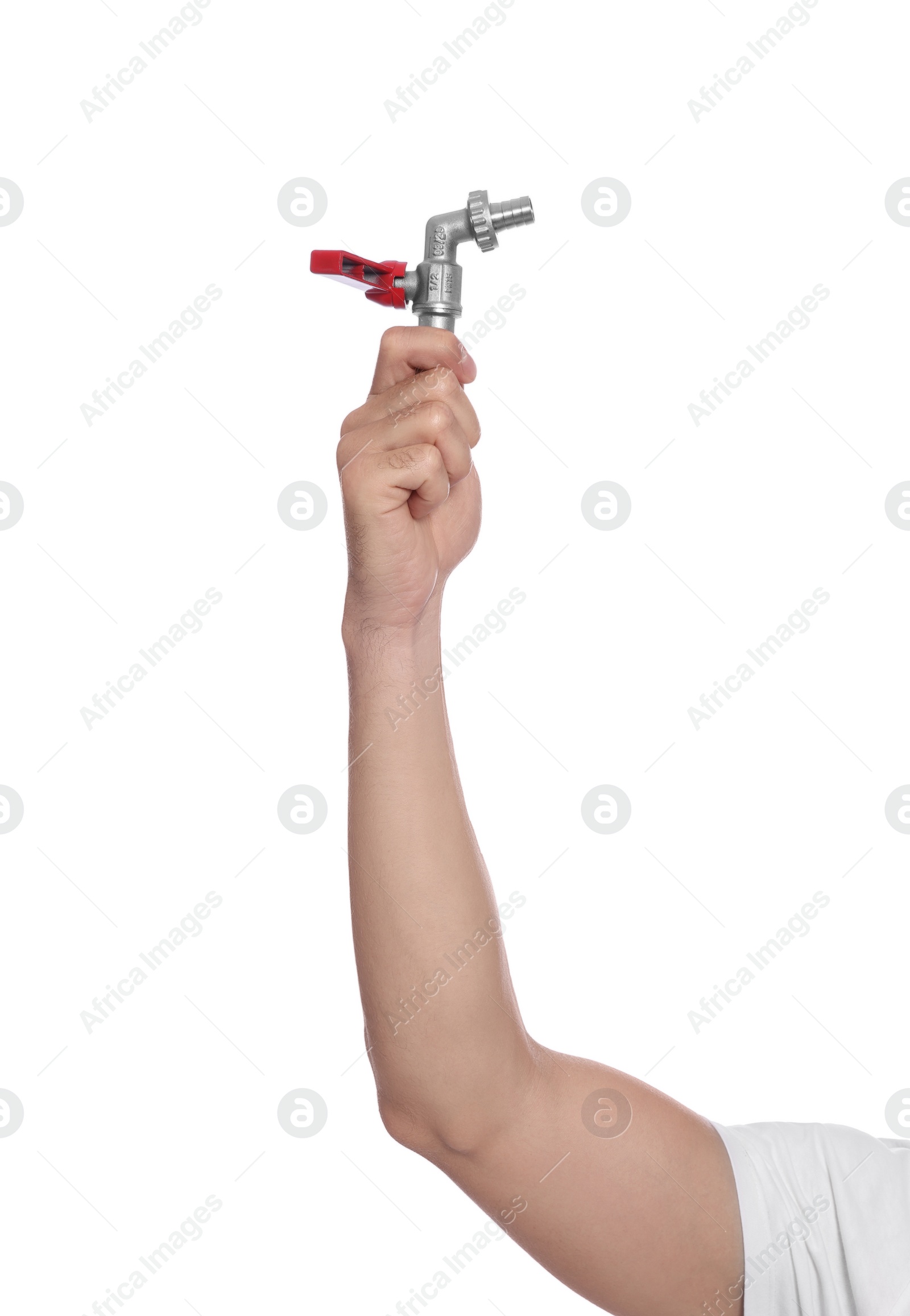 Photo of Male plumber holding water valve on white background, closeup