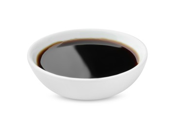 Tasty soy sauce in bowl isolated on white