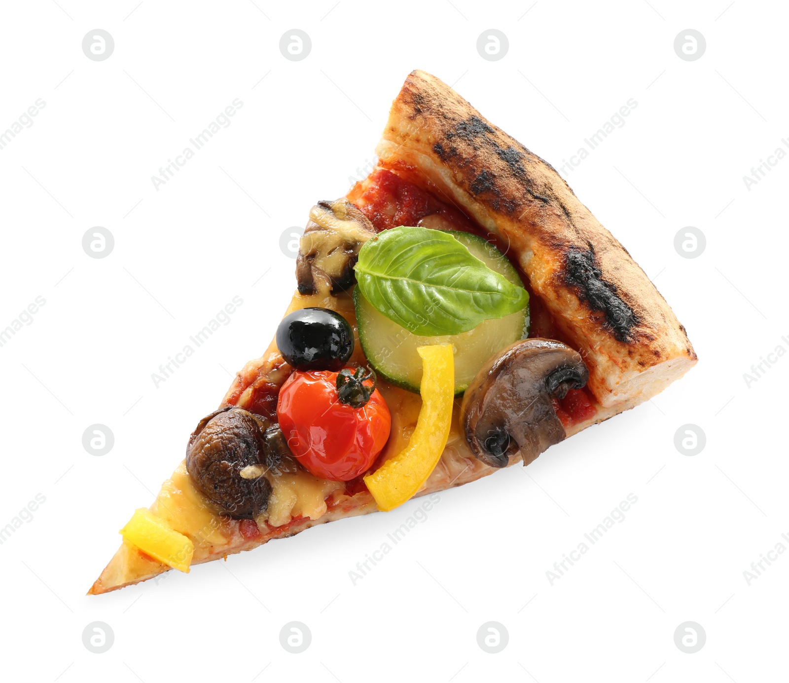 Photo of Slice of tasty vegetable pizza isolated on white, top view