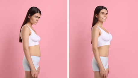 Collage with portraits of woman before and after weight loss on pink background
