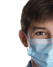 Photo of Boy wearing protective mask on white background, closeup. Child safety