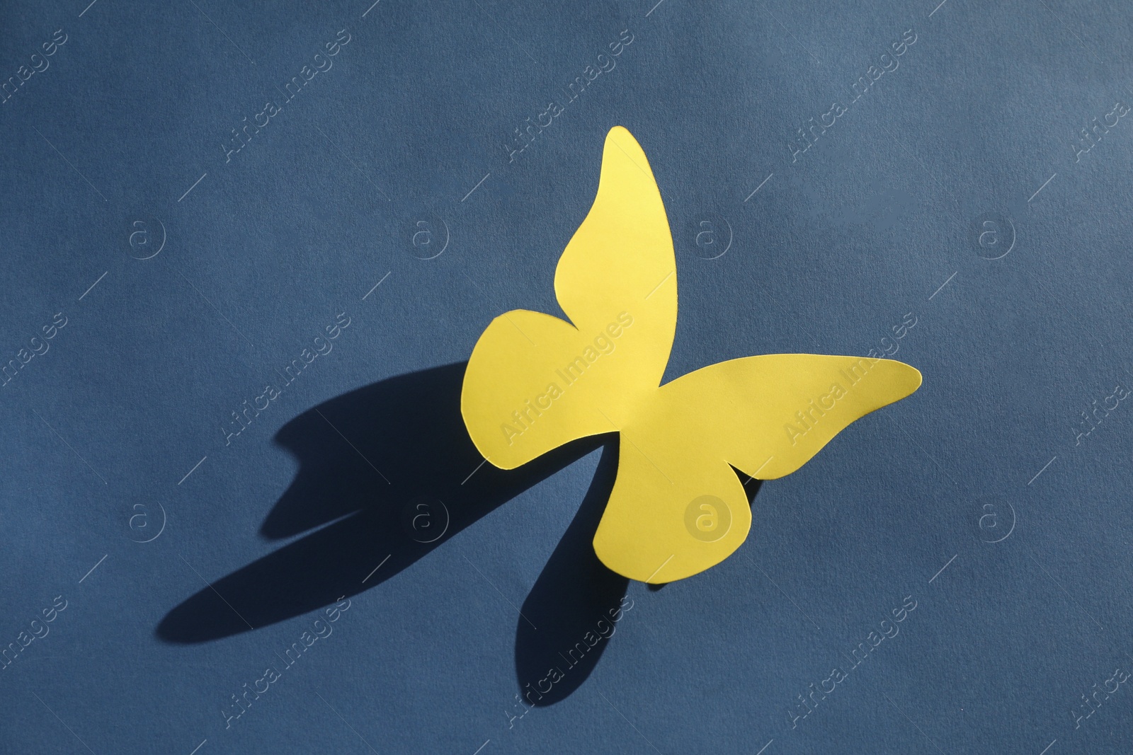 Photo of Yellow paper butterfly on dark blue background, top view