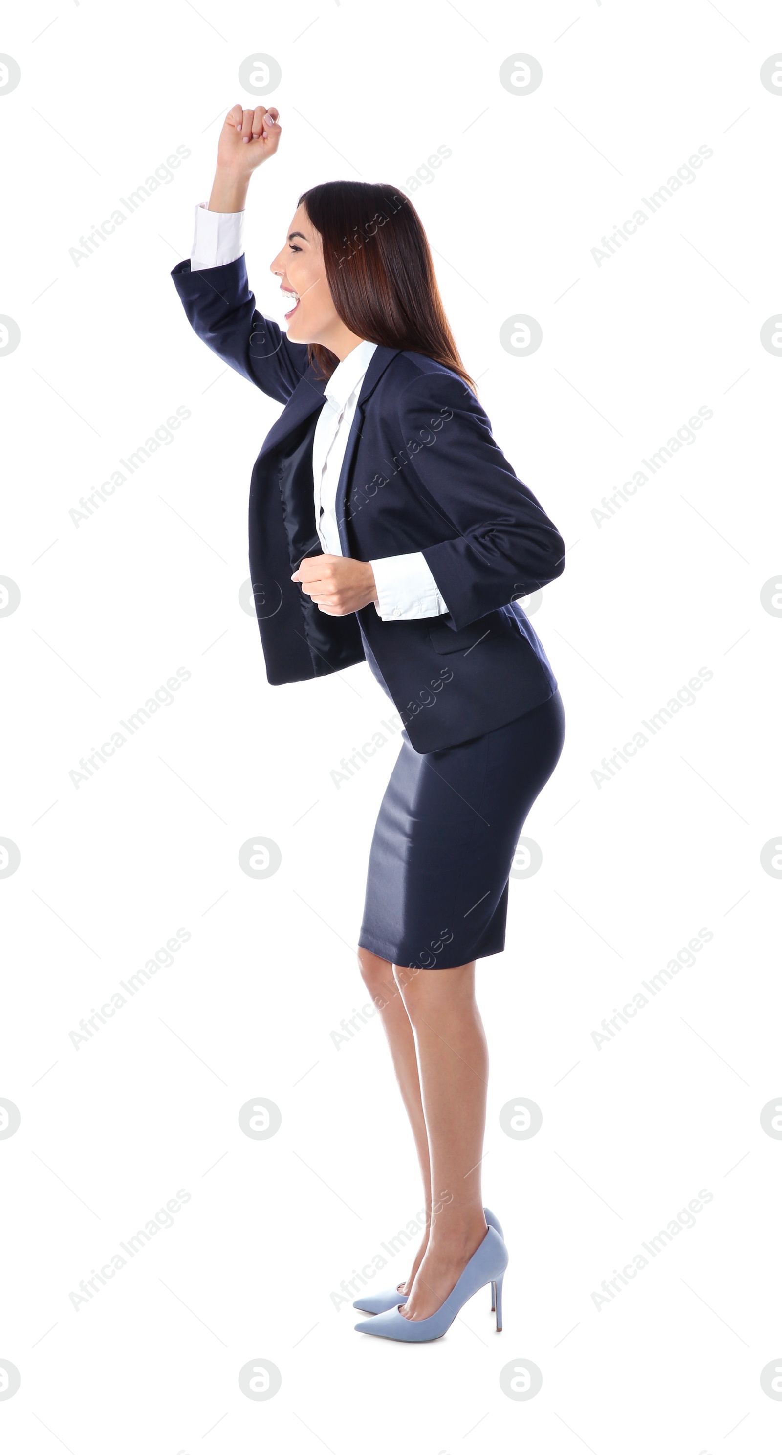 Photo of Full length portrait of emotional businesswoman on white background