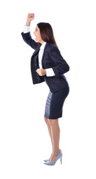 Photo of Full length portrait of emotional businesswoman on white background