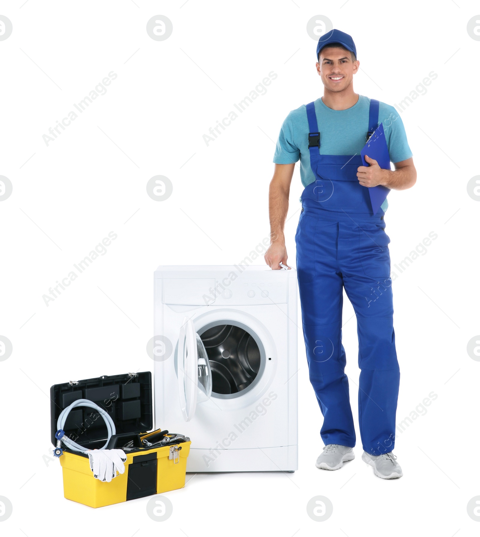 Photo of Repairman with clipboard and toolbox near washing machine on white background