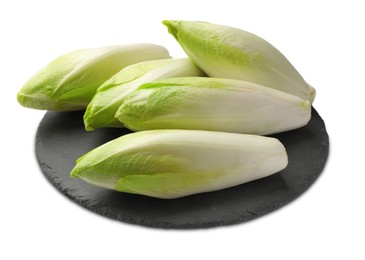 Photo of Raw ripe chicories on white background. Belgian endive