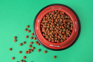 Photo of Dry dog food and feeding bowl on green background, flat lay