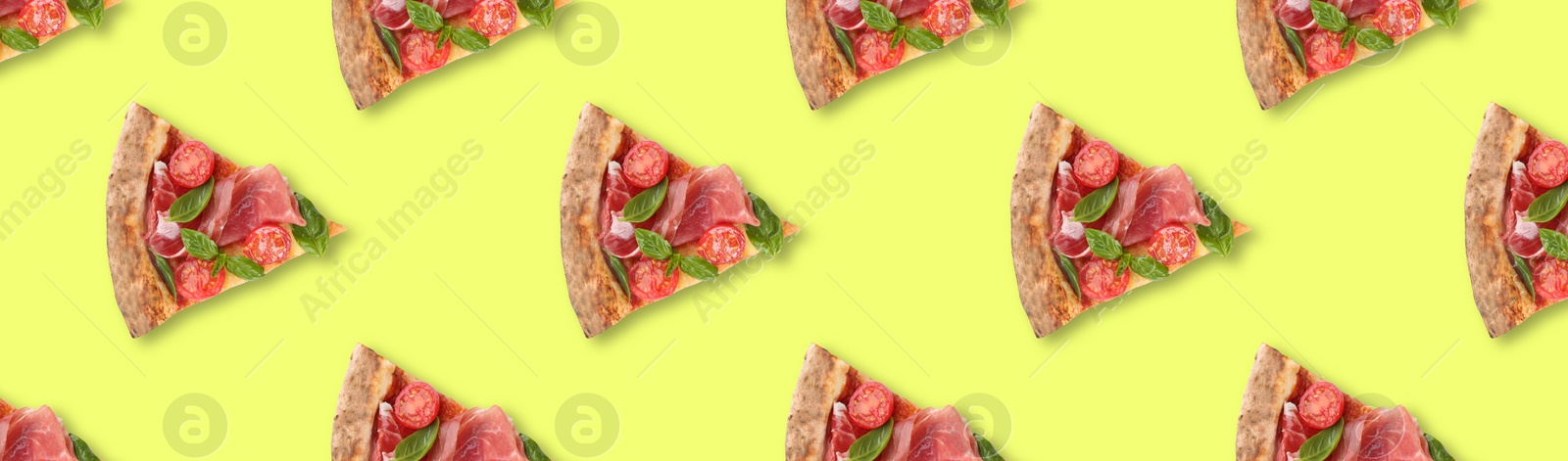 Image of Slices of delicious pizzas on yellow background, flat lay. Seamless pattern design