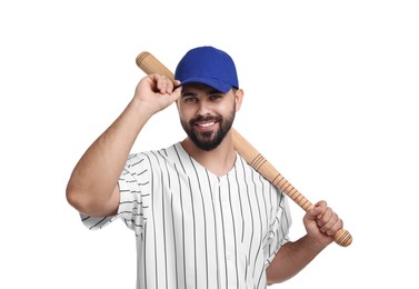 Photo of Man in stylish blue baseball cap holding bat on white background