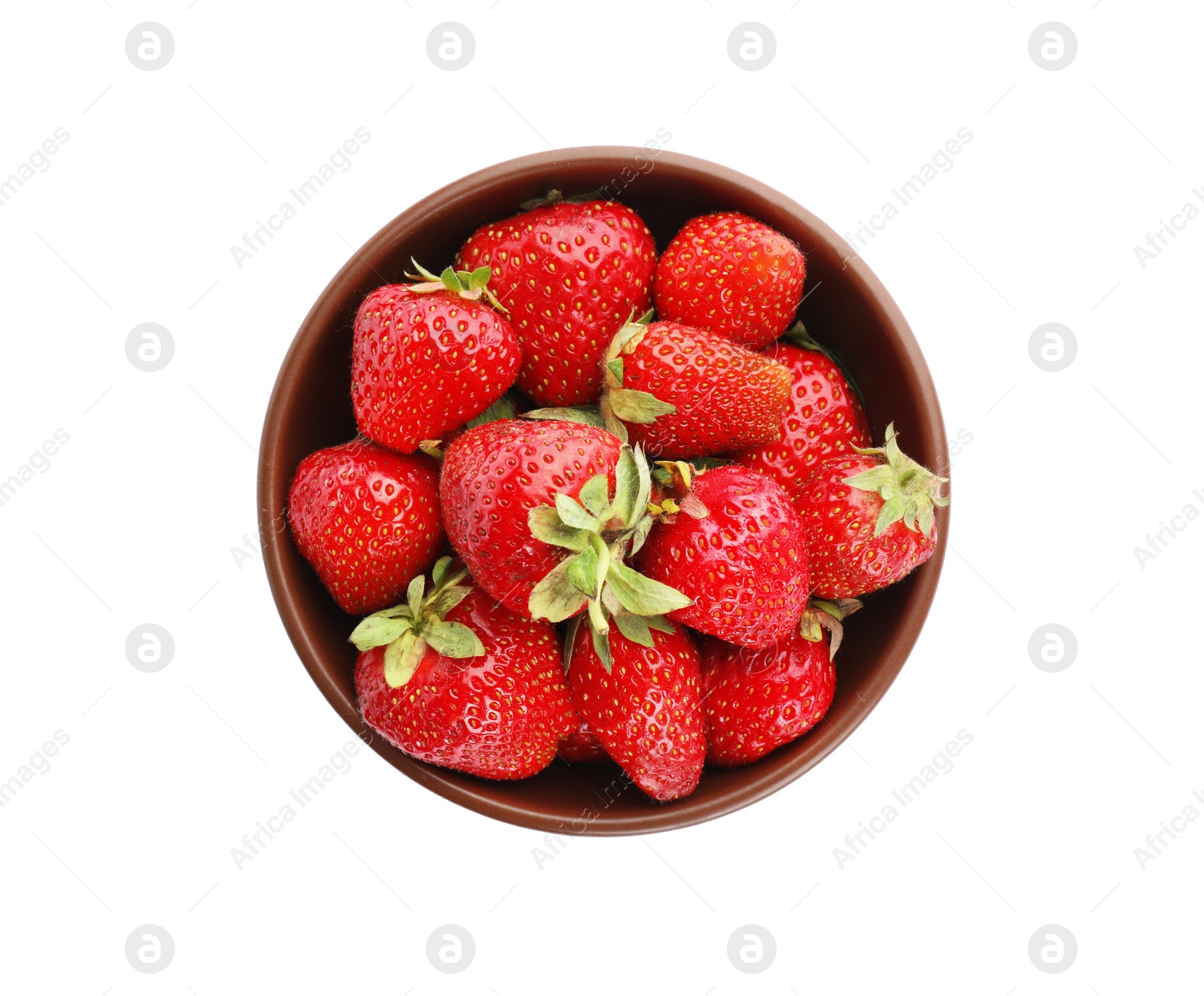 Photo of Ripe strawberries in bowl isolated on white, top view