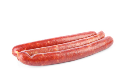 Photo of Tasty sausages on white background. Meat product