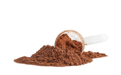 Photo of Pile of chocolate protein powder and scoop isolated on white