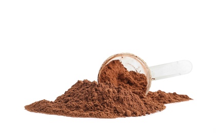 Pile of chocolate protein powder and scoop isolated on white