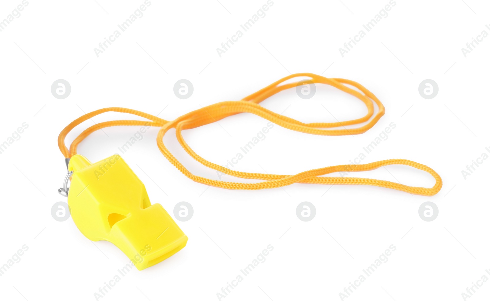 Photo of One yellow whistle with orange cord isolated on white