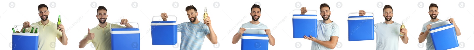 Image of Collage with photos of man holding cool boxes on white background. Banner design