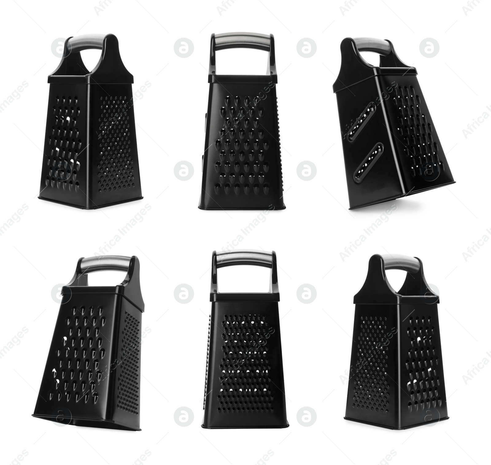 Image of Black graters on white background, collage. Kitchen utensil