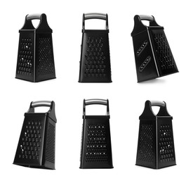 Image of Black graters on white background, collage. Kitchen utensil