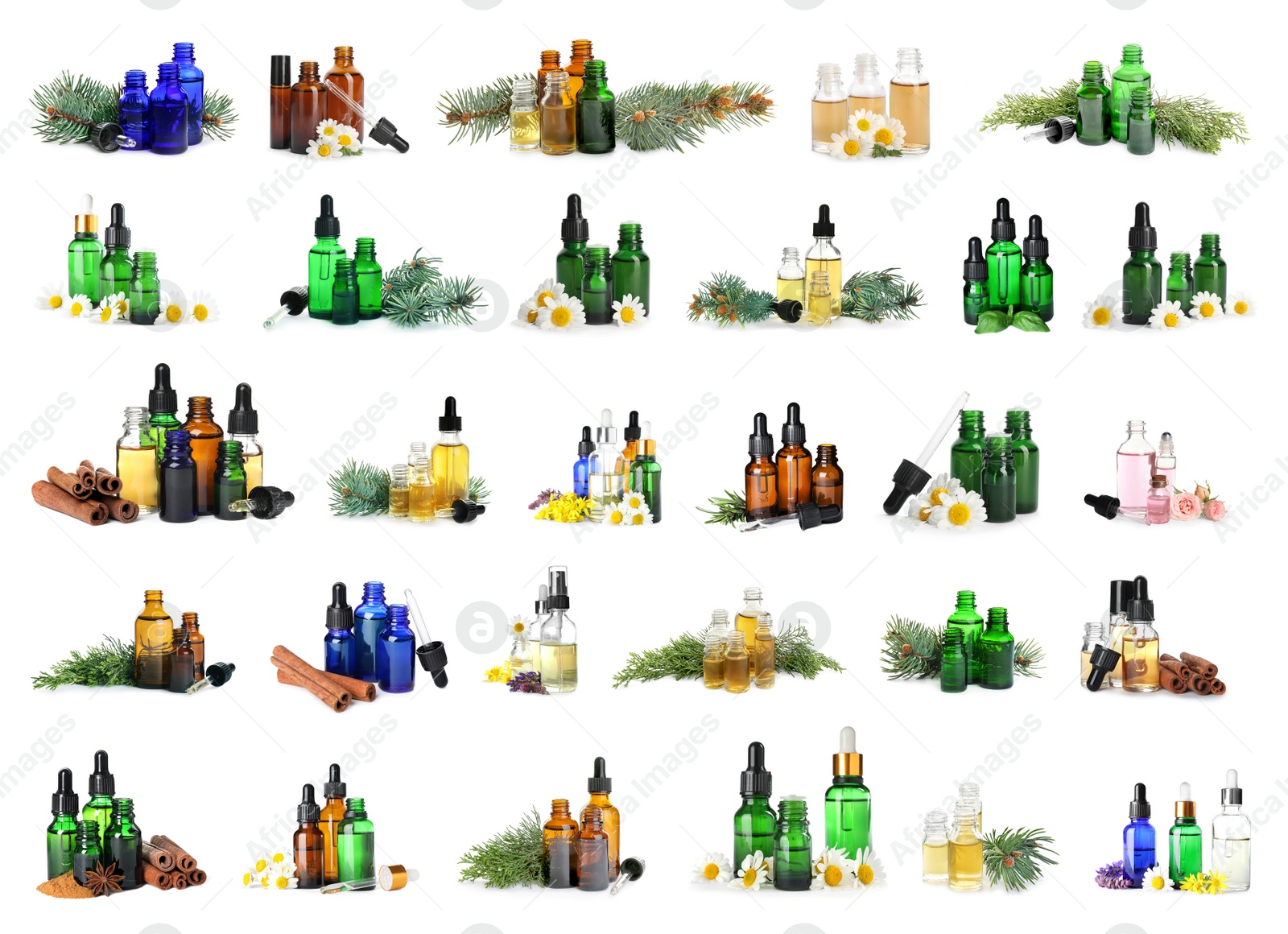 Image of Set with bottles of different essential oils on white background