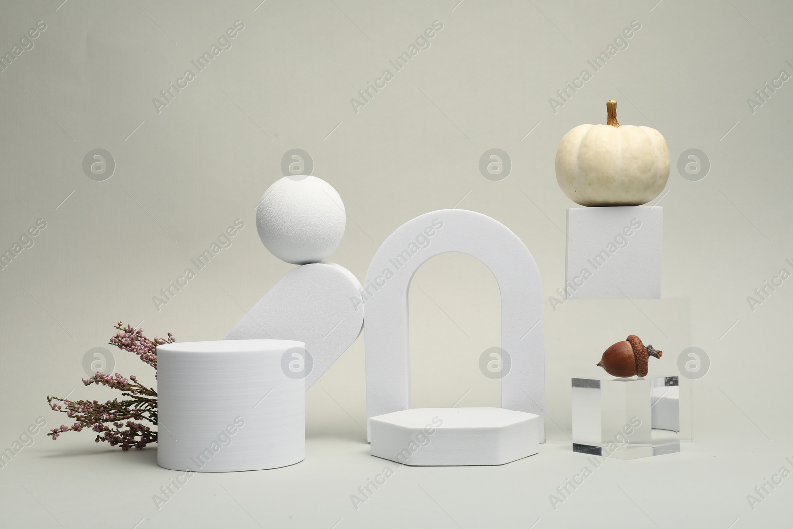 Photo of Autumn presentation for product. Geometric figures, heather flowers, acorn and pumpkin on light grey background