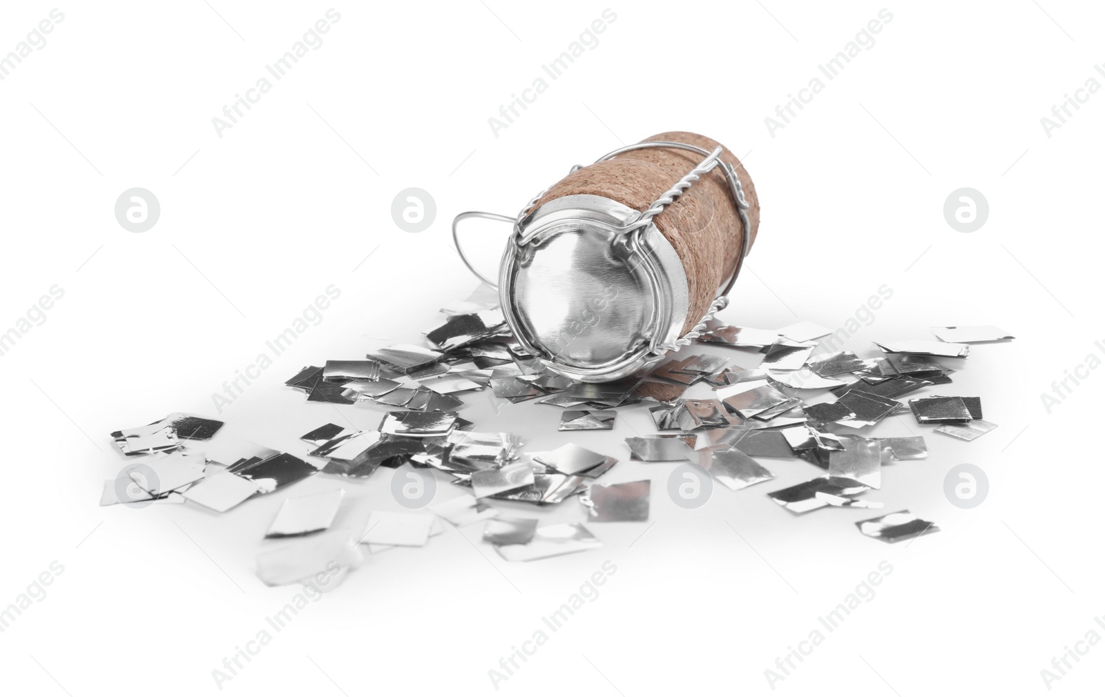Photo of Cork of sparkling wine with muselet cap and shiny silver confetti on white background